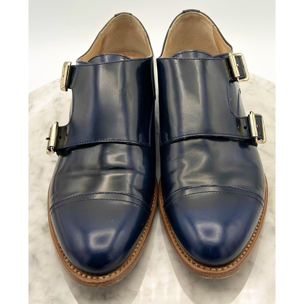 The Office Of ANGELA SCOTT French Navy Blue Leather Monkstrap Shoes 38 Mr. Colin - Picture 2 of 10